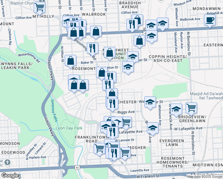 map of restaurants, bars, coffee shops, grocery stores, and more near 1315 Poplar Grove Street in Baltimore