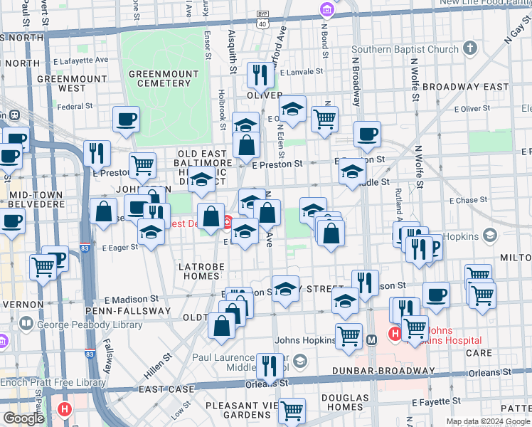 map of restaurants, bars, coffee shops, grocery stores, and more near 1235 East Chase Street in Baltimore