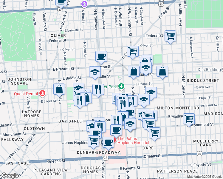 map of restaurants, bars, coffee shops, grocery stores, and more near 1724 Lantern Mews in Baltimore
