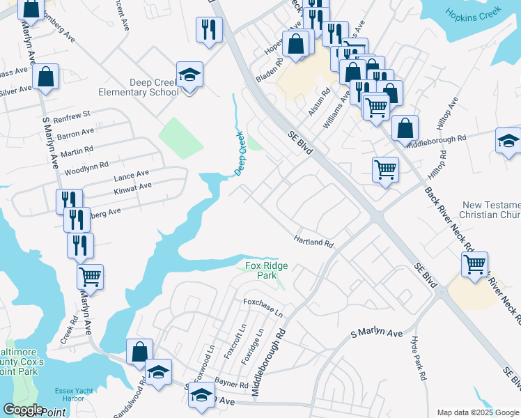 map of restaurants, bars, coffee shops, grocery stores, and more near 1218 Sugarwood Circle in Essex