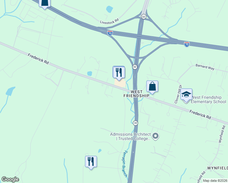 map of restaurants, bars, coffee shops, grocery stores, and more near 12775 Maryland 144 in West Friendship