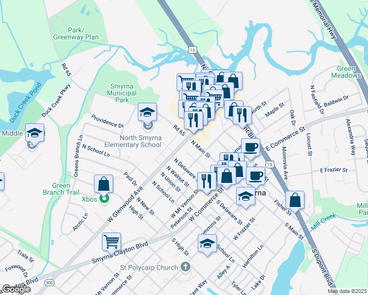 map of restaurants, bars, coffee shops, grocery stores, and more near 17 West Glenwood Avenue in Smyrna