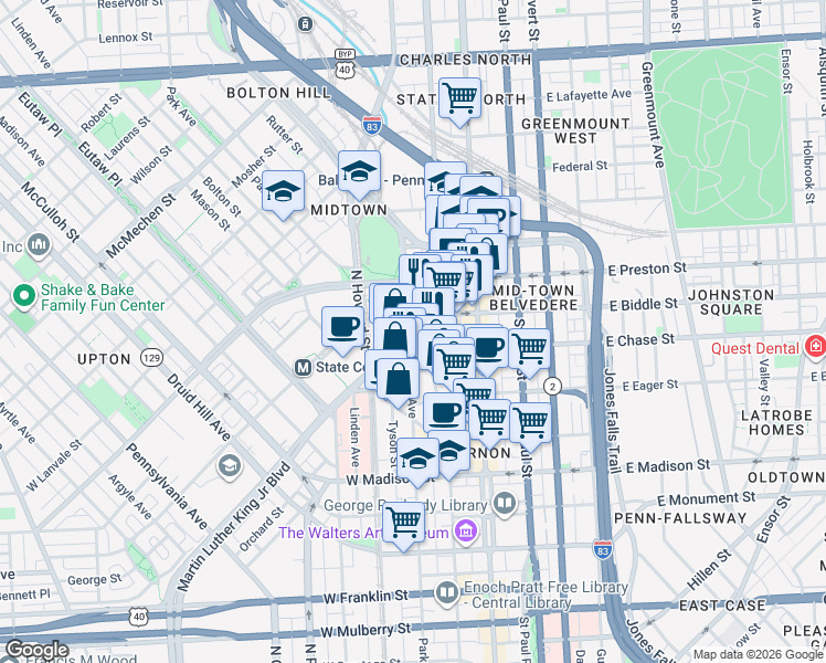 map of restaurants, bars, coffee shops, grocery stores, and more near Martin Luther King Boulevard in Baltimore