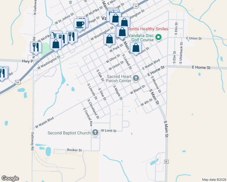 map of restaurants, bars, coffee shops, grocery stores, and more near 501 West Home Street in Vandalia