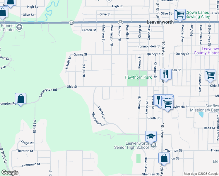 map of restaurants, bars, coffee shops, grocery stores, and more near 1300 Stonleigh Court in Leavenworth