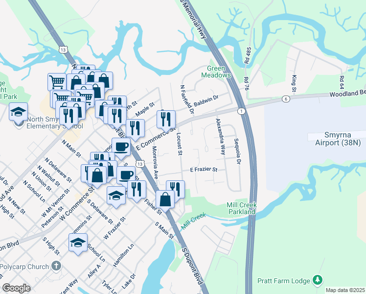 map of restaurants, bars, coffee shops, grocery stores, and more near 44 Locust Street in Smyrna