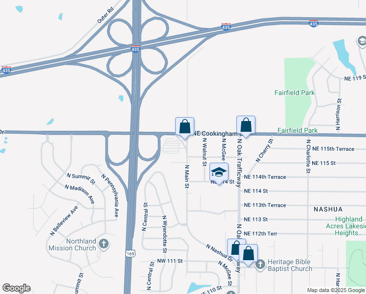 map of restaurants, bars, coffee shops, grocery stores, and more near 11510 North Main Street in Kansas City