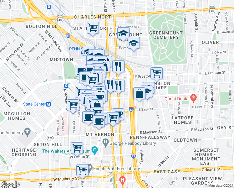 map of restaurants, bars, coffee shops, grocery stores, and more near 101 Independence Avenue Southeast in Washington