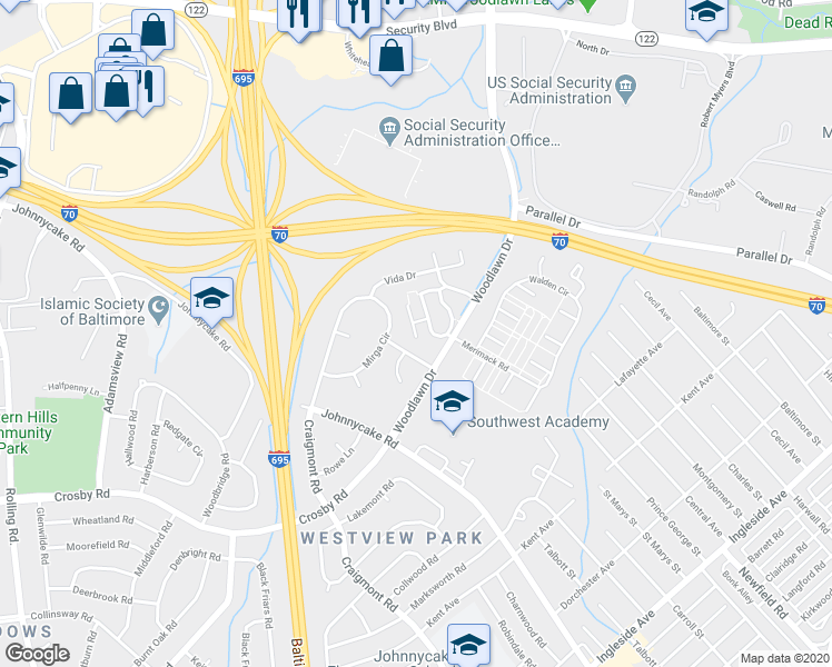 map of restaurants, bars, coffee shops, grocery stores, and more near 2200 Kernan Drive in Baltimore