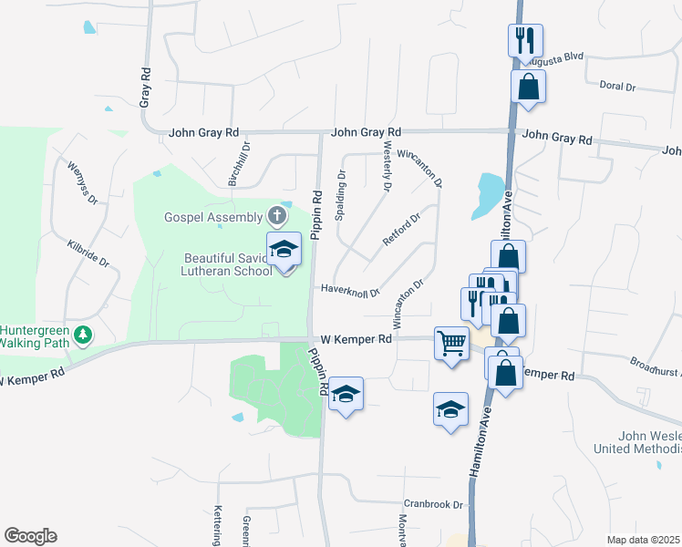 map of restaurants, bars, coffee shops, grocery stores, and more near 12020 Westerly Drive in Cincinnati