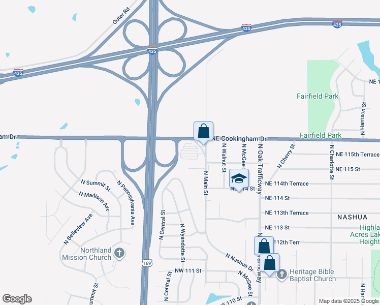map of restaurants, bars, coffee shops, grocery stores, and more near 11510 North Main Street in Kansas City