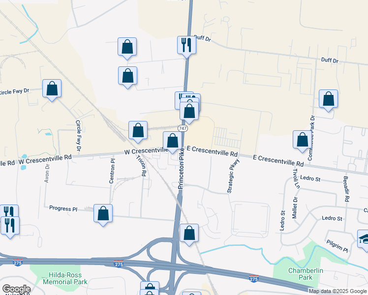 map of restaurants, bars, coffee shops, grocery stores, and more near 11700 Princeton Glendale Road in Butler County