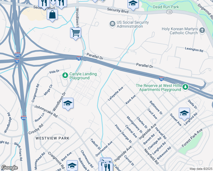 map of restaurants, bars, coffee shops, grocery stores, and more near 6043 Charles Street in Woodlawn