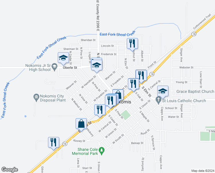 map of restaurants, bars, coffee shops, grocery stores, and more near 222 N Spruce St in Nokomis