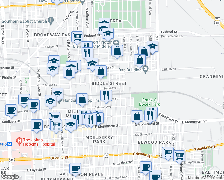 map of restaurants, bars, coffee shops, grocery stores, and more near 2705 Beryl Avenue in Baltimore
