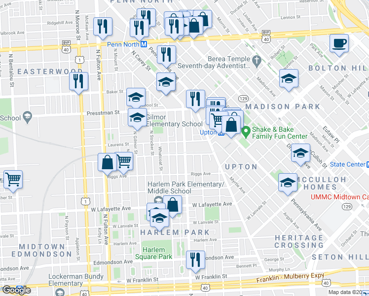 map of restaurants, bars, coffee shops, grocery stores, and more near 1299 North Carey Street in Baltimore