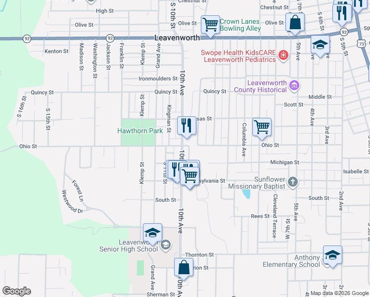 map of restaurants, bars, coffee shops, grocery stores, and more near 1509 10th Avenue in Leavenworth