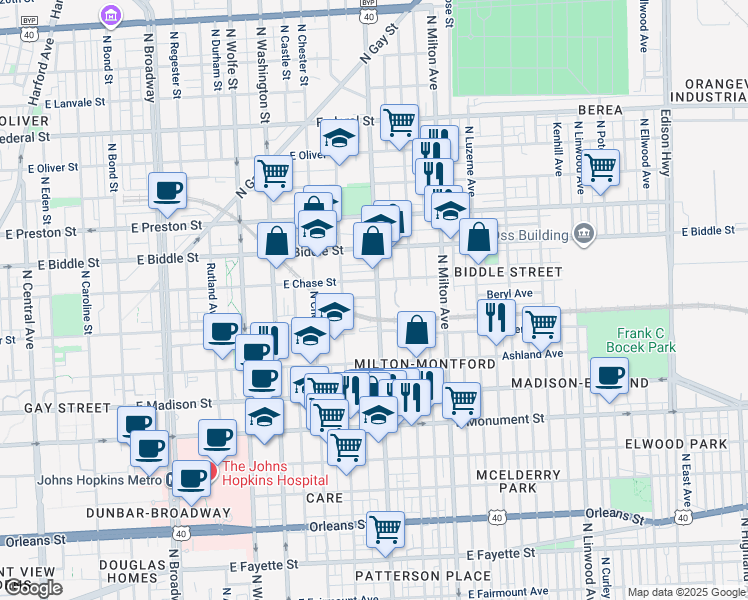 map of restaurants, bars, coffee shops, grocery stores, and more near 1024 North Patterson Park Avenue in Baltimore