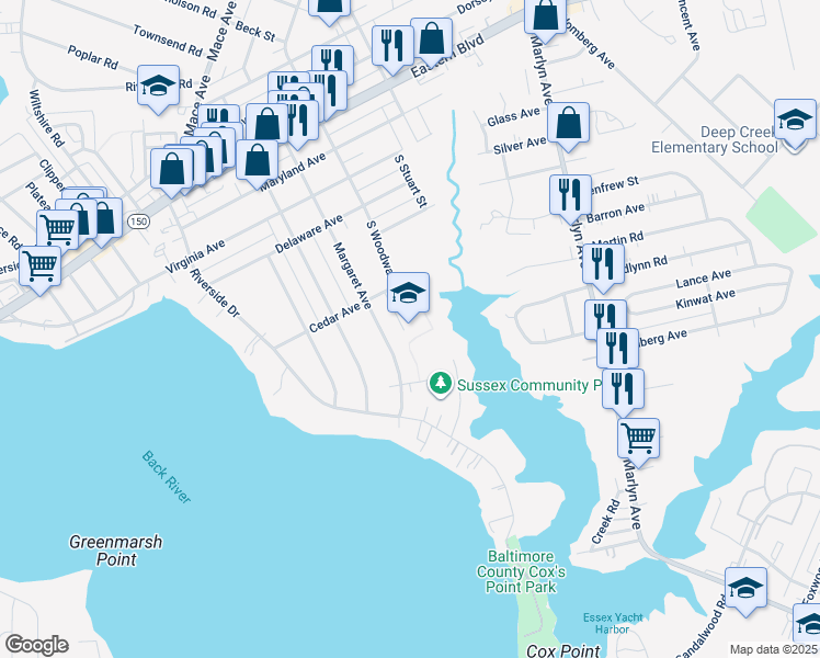 map of restaurants, bars, coffee shops, grocery stores, and more near 515 South Woodward Drive in Essex