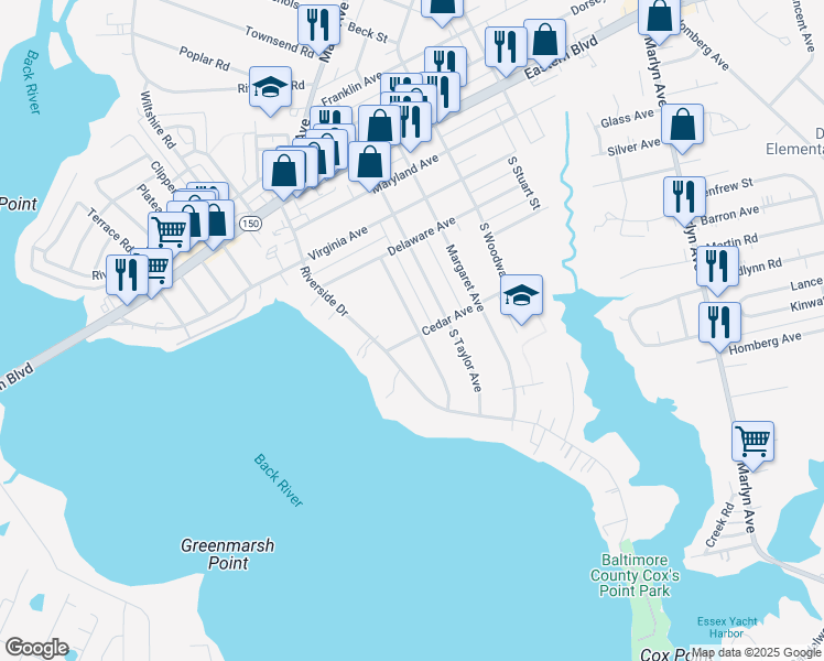 map of restaurants, bars, coffee shops, grocery stores, and more near 414 Cedar Avenue in Essex