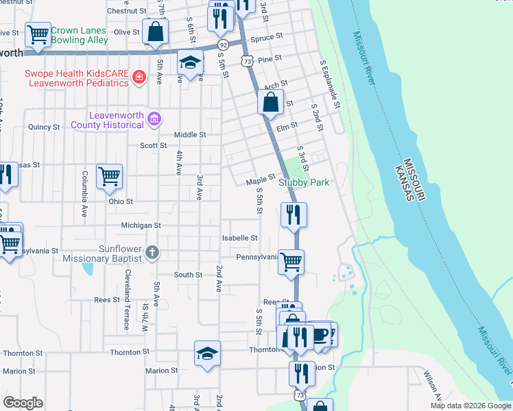 map of restaurants, bars, coffee shops, grocery stores, and more near 1600 South 5th Street in Leavenworth