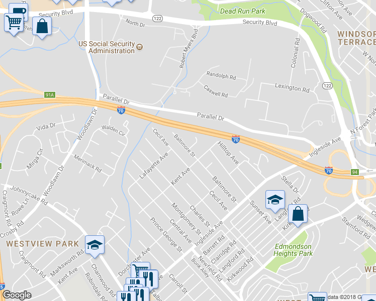 map of restaurants, bars, coffee shops, grocery stores, and more near 6017 Baltimore Street in Baltimore