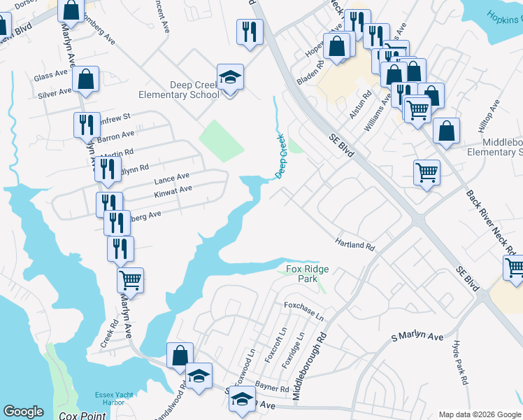 map of restaurants, bars, coffee shops, grocery stores, and more near 4 Banyan Wood Court in Essex