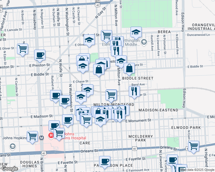 map of restaurants, bars, coffee shops, grocery stores, and more near 1000 North Montford Avenue in Baltimore