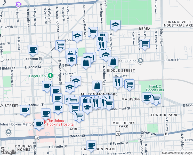 map of restaurants, bars, coffee shops, grocery stores, and more near 2333 East Chase Street in Baltimore