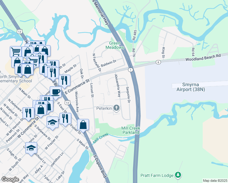 map of restaurants, bars, coffee shops, grocery stores, and more near 378 Braddock Road in Smyrna