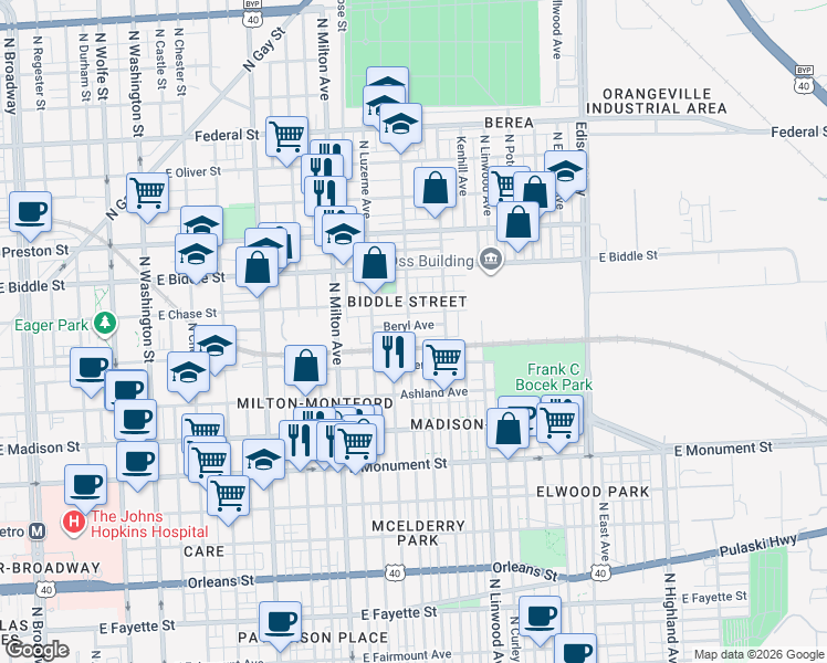 map of restaurants, bars, coffee shops, grocery stores, and more near 2701 Beryl Avenue in Baltimore