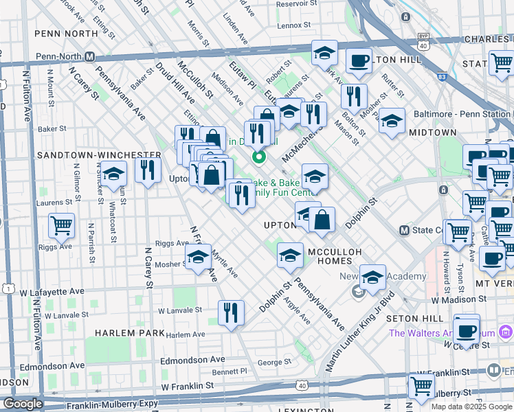 map of restaurants, bars, coffee shops, grocery stores, and more near 1502 Division Street in Baltimore