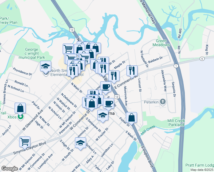 map of restaurants, bars, coffee shops, grocery stores, and more near 15 North Dupont Boulevard in Smyrna