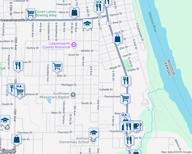 map of restaurants, bars, coffee shops, grocery stores, and more near 553 Ohio Street in Leavenworth