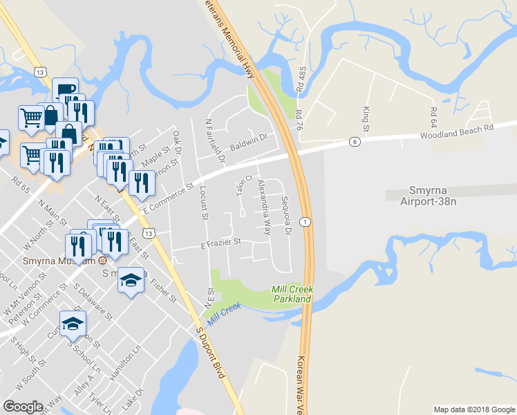 map of restaurants, bars, coffee shops, grocery stores, and more near 378 Braddock Road in Smyrna