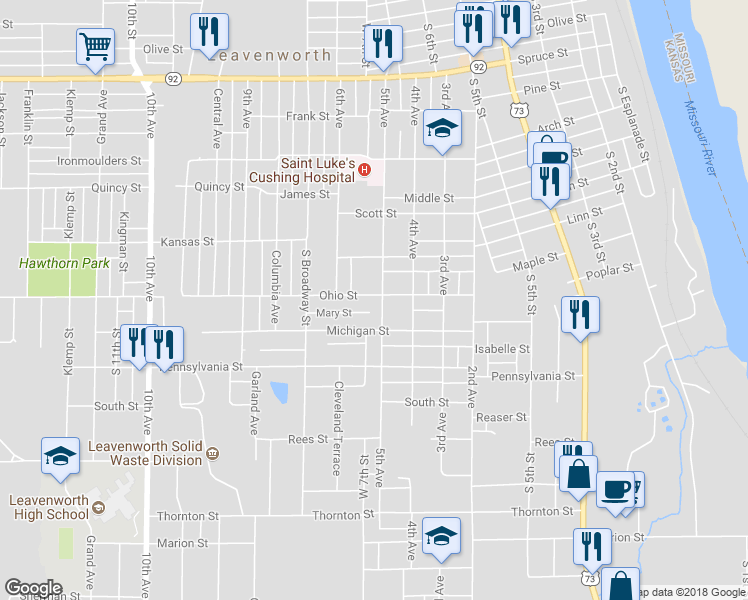 map of restaurants, bars, coffee shops, grocery stores, and more near 703 Ohio Street in Leavenworth