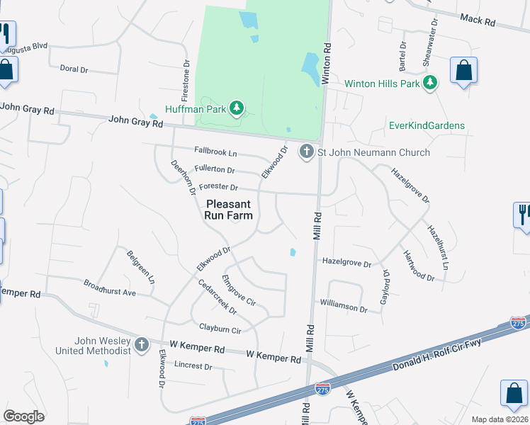 map of restaurants, bars, coffee shops, grocery stores, and more near 12068 Elkwood Drive in Cincinnati