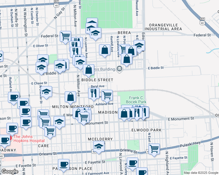 map of restaurants, bars, coffee shops, grocery stores, and more near 1025 North Kenwood Avenue in Baltimore