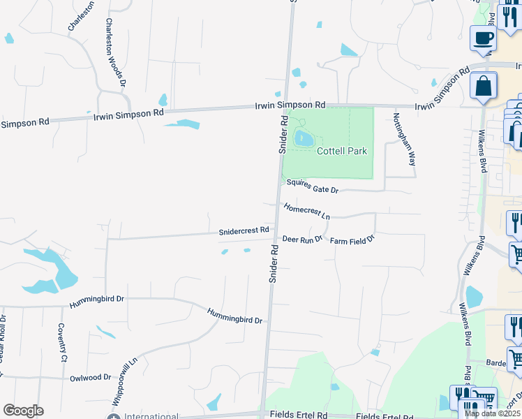 map of restaurants, bars, coffee shops, grocery stores, and more near 9345 Snider Road in Mason