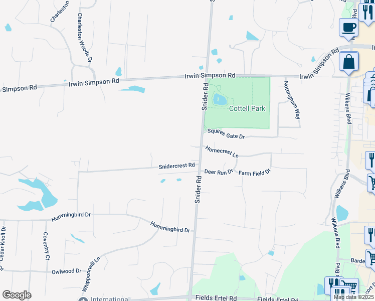 map of restaurants, bars, coffee shops, grocery stores, and more near 9345 Snider Road in Mason
