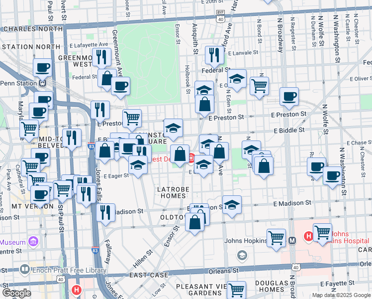 map of restaurants, bars, coffee shops, grocery stores, and more near 1000 East Chase Street in Baltimore
