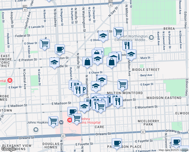 map of restaurants, bars, coffee shops, grocery stores, and more near 1010 North Chester Street in Baltimore