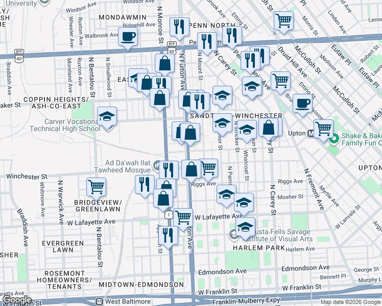 map of restaurants, bars, coffee shops, grocery stores, and more near 1203 North Fulton Avenue in Baltimore