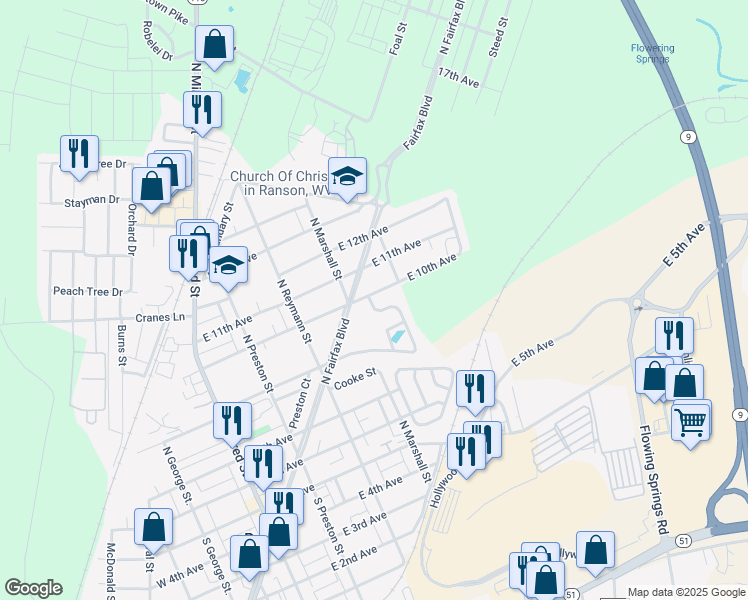 map of restaurants, bars, coffee shops, grocery stores, and more near 100 Michelle Dr in Ranson