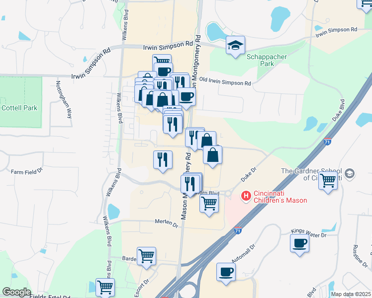 map of restaurants, bars, coffee shops, grocery stores, and more near 5075 Parkway Drive in Mason