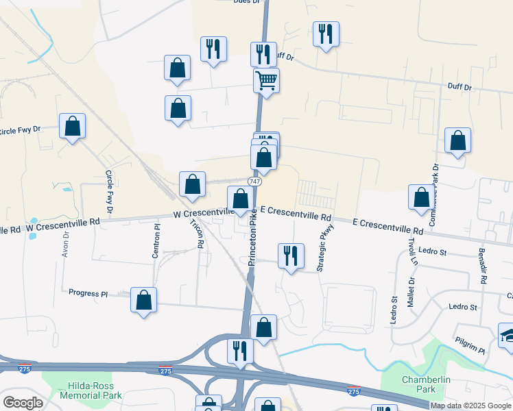 map of restaurants, bars, coffee shops, grocery stores, and more near 11700 Princeton Glendale Road in Butler County