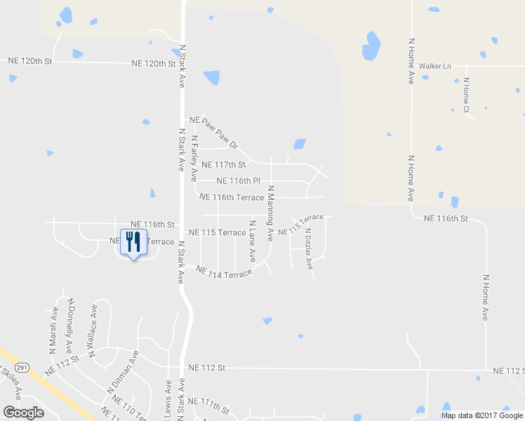 map of restaurants, bars, coffee shops, grocery stores, and more near 9012 Northeast 116 Terrace in Kansas City