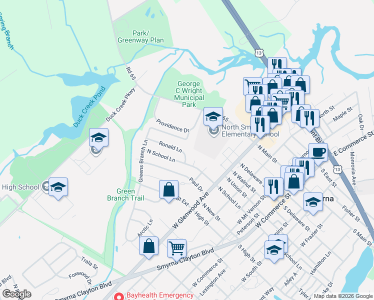 map of restaurants, bars, coffee shops, grocery stores, and more near 388 Ronald Lane in Smyrna