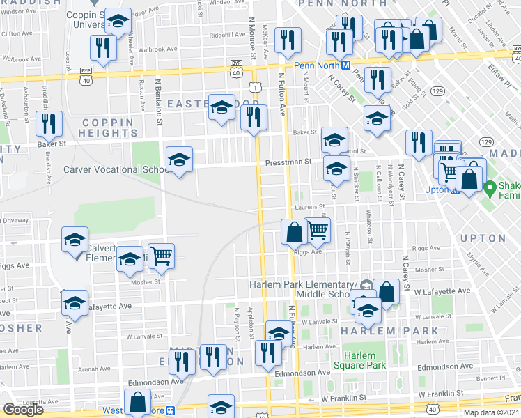 map of restaurants, bars, coffee shops, grocery stores, and more near N Monroe St & Laurens St in Baltimore