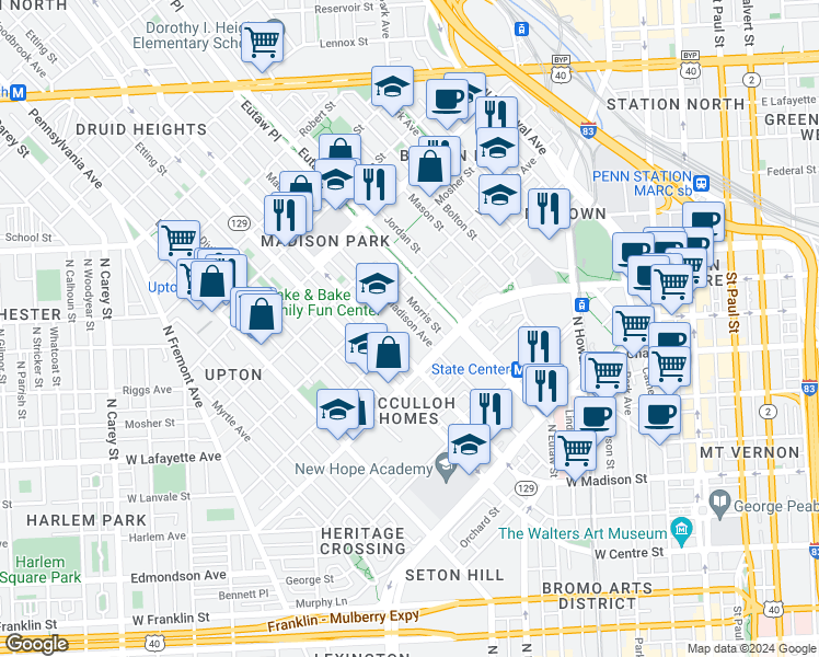 map of restaurants, bars, coffee shops, grocery stores, and more near 1300 Madison Avenue in Baltimore